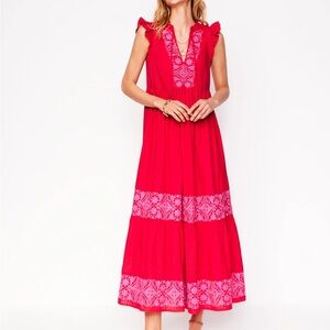 Boden Vibrant Red and Pink Tiered Embroidered Maxi Dress
